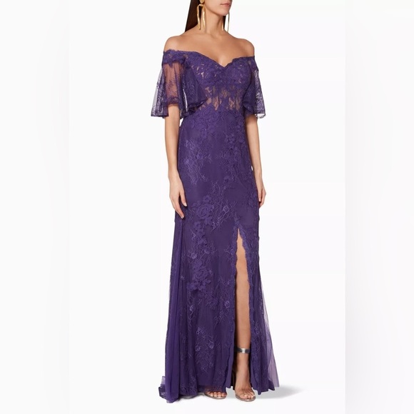 Badgley Mischka NWT Size 6 Deep-Purple Off-The-Shoulder Lace Gown - Picture 1 of 15